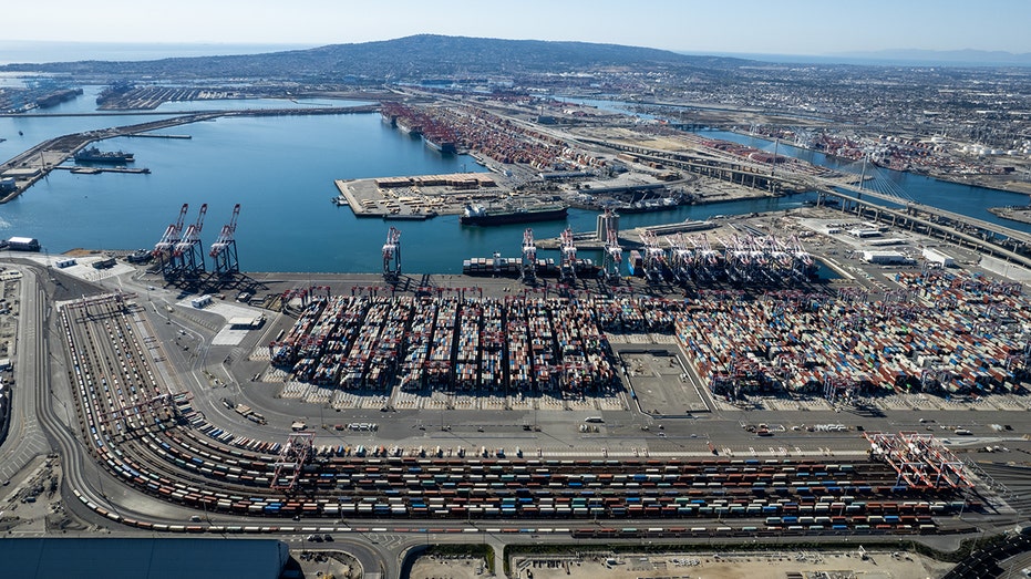 Aerial view of containers waiting at Port of Long Beach to be loaded onto trains and trucks on October 16, 2021 in Long Beach, California. (Photo by Qian Weizhong/VCG via Getty Images)