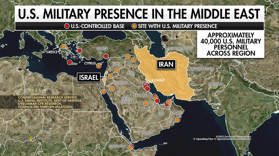 Map of US military presence in the middle east