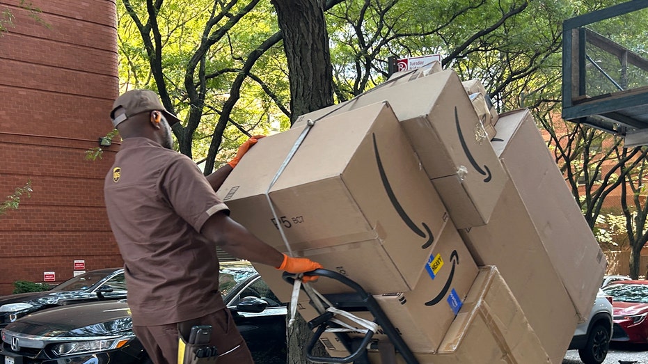 worker transports ups packages on sidewalk