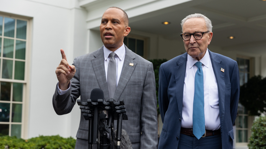 House Minority Leader Hakeem Jeffries (D-NY) speaks during a press conference alongside Senate Minority Leader Chuck Schumer (D-NY)