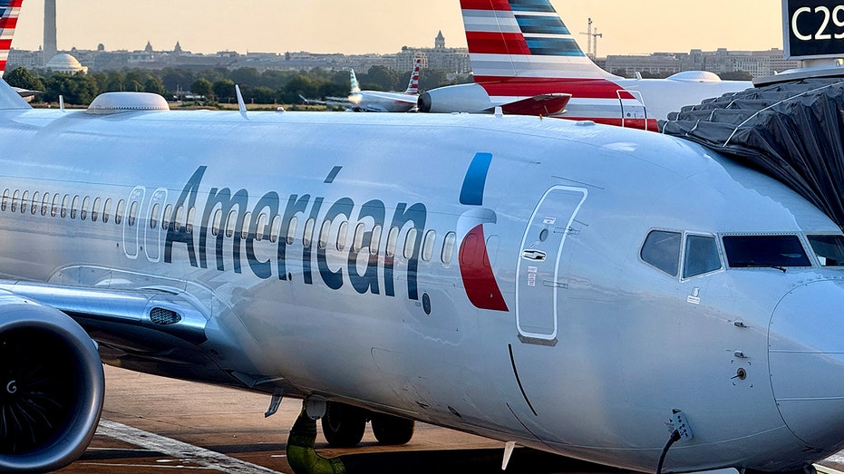An American Airlines passenger plane is parked at a gate at Ronald Reagan Washington National Airport.